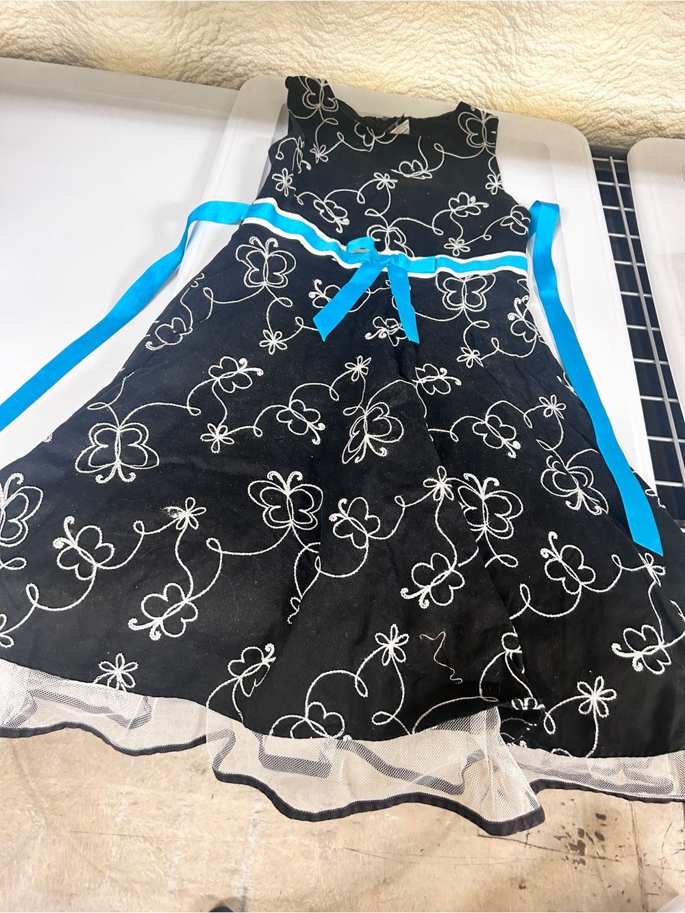 Rare Editions Black Dress with White Embroidered Flowers and Blue tie bac Ribbon